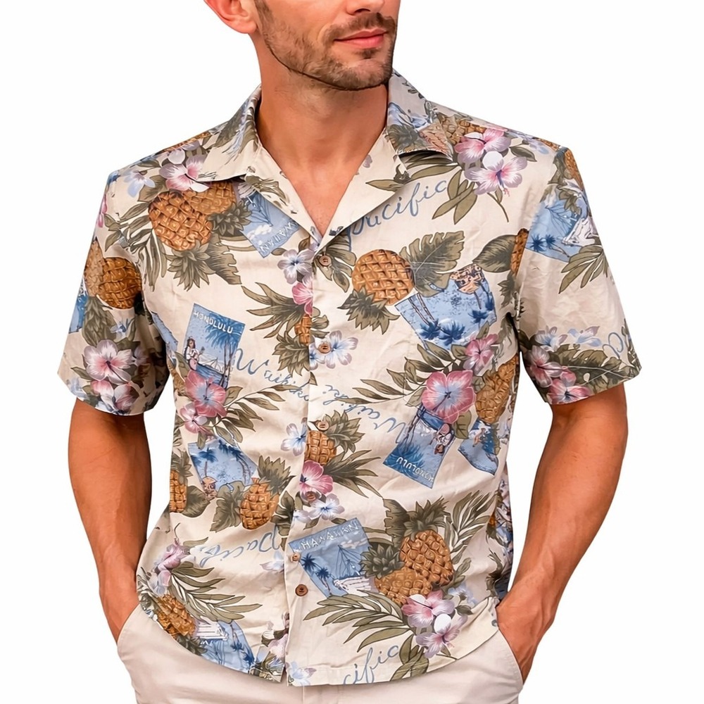 Hilo Hattie Hawaiian Aloha Shirt Large‎ Waikiki Honolulu Postcards Pineapples
